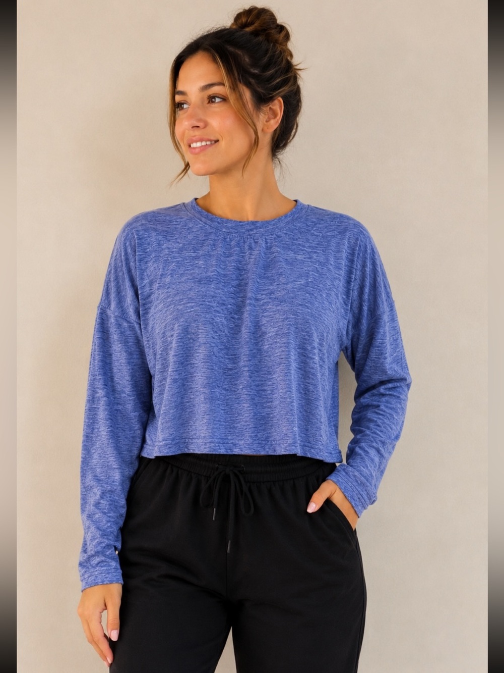 Zella Blue Long Sleeve Knit Top Stretch Athleisure - Size M